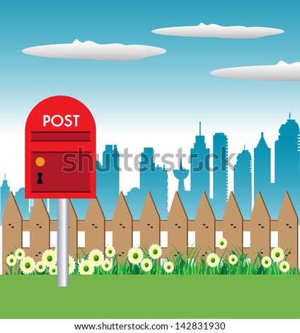 Colorful illustration with a red mailbox near a fence - stock vector