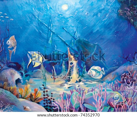 seabed, fish, boat, picturesque, sea, coral, ocean, sand illustration ...