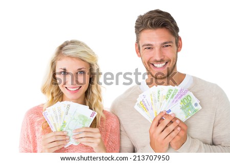 stock photo attractive couple flashing their cash on white background 213707950