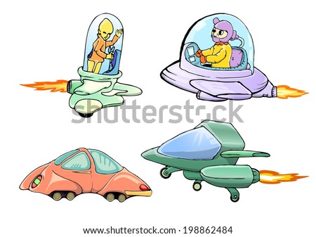 set of cartoon spaceship - stock vector