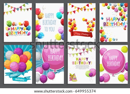 Happy Birthday, Holiday Greeting and Invitation Card Template Set with Balloons and Flags. Vector Illustration EPS10 Happy Birthday, Holiday Greeting and Invitation Card Template Set with Balloons and Flags. Vector Illustration EPS10