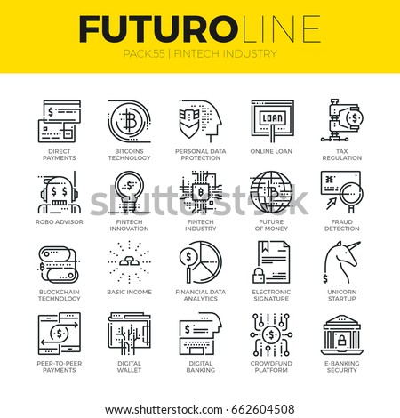 Unique thin line icons set of fintech industry, finance digitization. Premium quality outline symbol collection. Modern linear pictogram pack of metaphors. Stroke vector logo concept for web graphics. Unique thin line icons set of fintech industry, finance digitization. Premium quality outline symbol collection. Modern linear pictogram pack of metaphors. Stroke vector logo concept for web graphics.