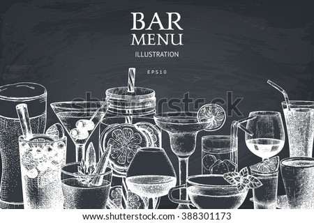 Vector design with hand drawn drinks illustration. Vintage beverages sketch background. Retro template isolated on chalkboard. - stock vector Vector design with hand drawn drinks illustration. Vintage beverages sketch background. Retro template isolated on chalkboard. - stock vector