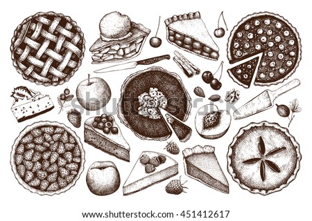 Vector collection of ink hand drawn fruit and berry baking illustration. Vintage set of traditional cake, tart and pie sketch. Sweet bakery. Top view. - stock vector Vector collection of ink hand drawn fruit and berry baking illustration. Vintage set of traditional cake, tart and pie sketch. Sweet bakery. Top view. - stock vector