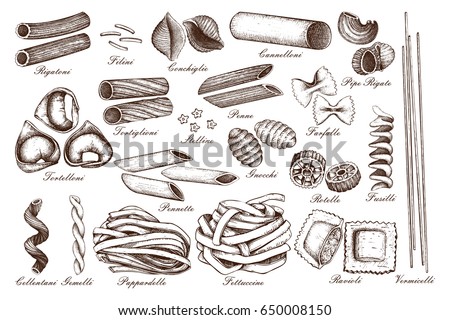Vector collection of traditional Italian pasta with names. Hand drawn food sketch set. Vintage illustration for cafe or restaurant design. Vector collection of traditional Italian pasta with names. Hand drawn food sketch set. Vintage illustration for cafe or restaurant design.