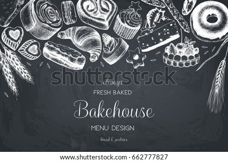 Vector card design with ink hand drawn baking illustration. Vintage template with bread and pastries sketch. Bakery or bakehouse menu on chalkboard. Vector card design with ink hand drawn baking illustration. Vintage template with bread and pastries sketch. Bakery or bakehouse menu on chalkboard.