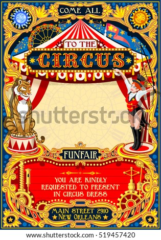 Circus animal trainer show Retro Template. Cartoon Poster Invite. Kids game Birthday Party Insight. Carnival festival Background Animal Lion Tiger Cabaret Vintage vector background. Animal Tamer theme Circus animal trainer show Retro Template. Cartoon Poster Invite. Kids game Birthday Party Insight. Carnival festival Background Animal Lion Tiger Cabaret Vintage vector background. Animal Tamer theme
