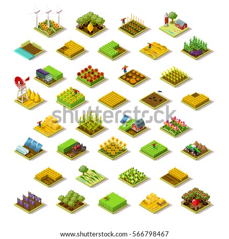 Isometric barley farm house building staff farming agriculture wheat field scene. 3D isometric game city map icon set. Game tile tractor apple plant collection harvest farmland vector illustration Isometric barley farm house building staff farming agriculture wheat field scene. 3D isometric game city map icon set. Game tile tractor apple plant collection harvest farmland vector illustration