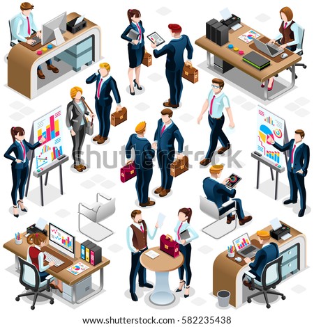 Isolated Isometric Business Training People. 3D meeting desk infographic crowd standing walking people icon set white background. Business Training Meeting conference white background isometric vector Isolated Isometric Business Training People. 3D meeting desk infographic crowd standing walking people icon set white background. Business Training Meeting conference white background isometric vector