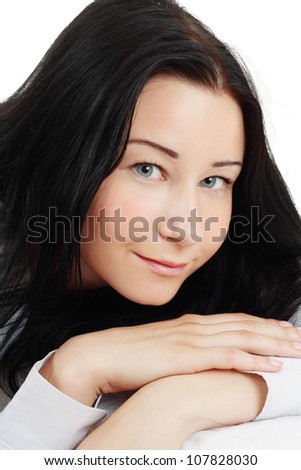 beautiful cheerful enjoying with long brown hair and clean skin isolated on white background - stock - stock-photo-beautiful-cheerful-enjoying-with-long-brown-hair-and-clean-skin-isolated-on-white-background-107828030
