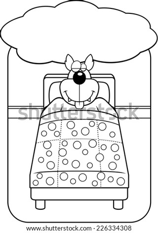 cartoon wolf in bed dreaming and smiling. - stock vector