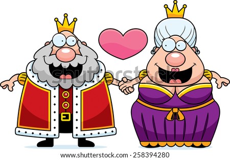 A cartoon illustration of a king and queen holding hands and in love