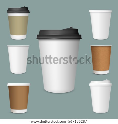Realistic set of paper Coffee Cups. Collection 3d Coffee Cup Mockup. Vector Template Realistic set of paper Coffee Cups. Collection 3d Coffee Cup Mockup. Vector Template