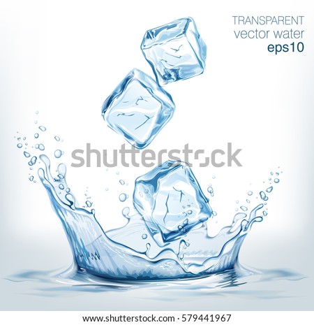 Transparent vector water splash and transparent blue vector ice cubes on light background Transparent vector water splash and transparent blue vector ice cubes on light background