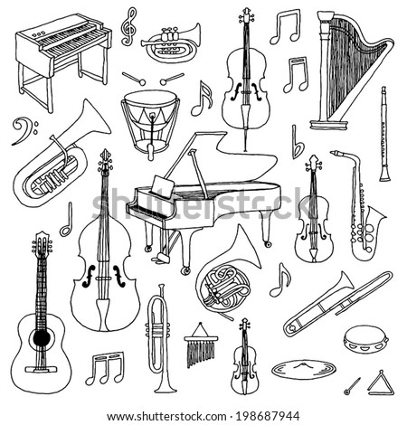 Hand drawn doodle musical instruments. Classical orchestra. Vector