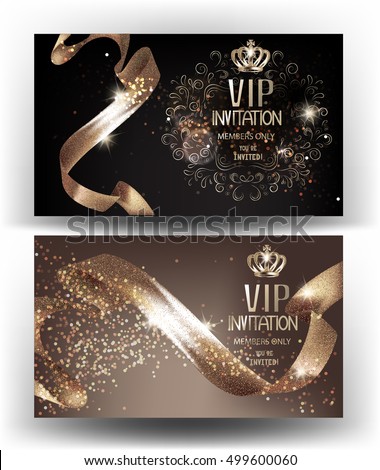 VIP Invitation banners with sparkling curly ribbons and crowns. Vector illustration VIP Invitation banners with sparkling curly ribbons and crowns. Vector illustration