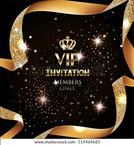 Elegant VIP invitation card with silk textured curled gold ribbon Elegant VIP invitation card with silk textured curled gold ribbon