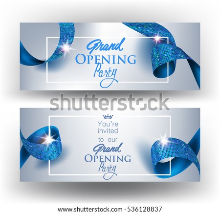 Elegant grand opening invitation cards with blue textured curled gold ribbons. Vector illustration Elegant grand opening invitation cards with blue textured curled gold ribbons. Vector illustration