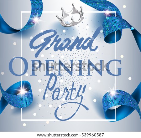 Elegant grand opening invitation card with blue textured curled gold ribbon. Vector illustration Elegant grand opening invitation card with blue textured curled gold ribbon. Vector illustration