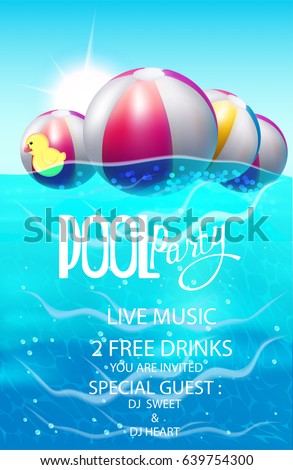 Pool party poster with inflatable balls and rubber toy in swim pool water. Vector illustration Pool party poster with inflatable balls and rubber toy in swim pool water. Vector illustration