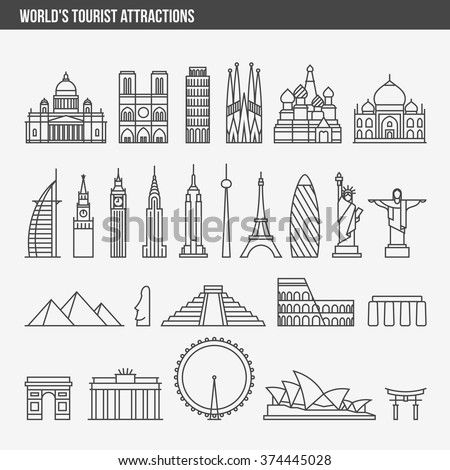 Flat line design style vector illustration icons set and logos of top tourist attractions, historical buildings, towers, monuments, statues, sculptures and modern architecture - stock vector Flat line design style vector illustration icons set and logos of top tourist attractions, historical buildings, towers, monuments, statues, sculptures and modern architecture - stock vector