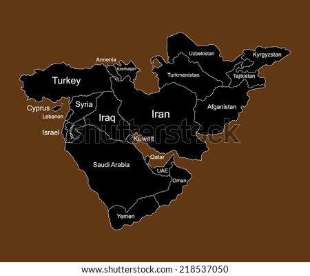 Middle east vector map set of states. high detailed silhouette