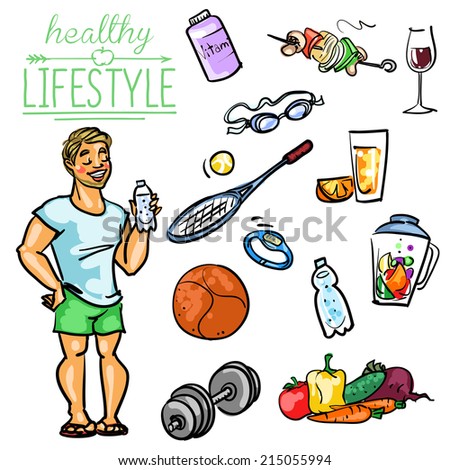 Healthy Lifestyle. Hand drawn cartoon collection - stock vector