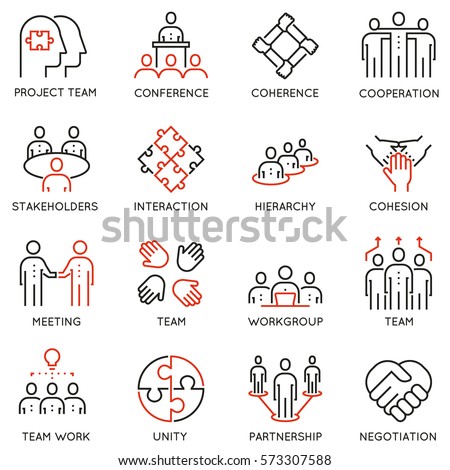 Vector set of 16 linear quality icons related to team work, career progress and business process. Mono line pictograms and infographics design elements Vector set of 16 linear quality icons related to team work, career progress and business process. Mono line pictograms and infographics design elements