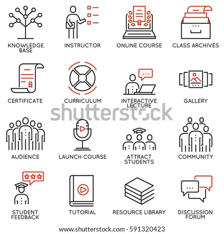Vector set of 16 icons related to business education, training, career progress and refresher course. Mono line pictograms and infographics design elements Vector set of 16 icons related to business education, training, career progress and refresher course. Mono line pictograms and infographics design elements