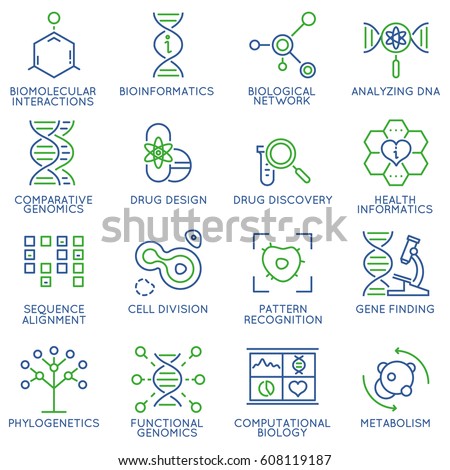 Vector set of 16 linear thin icons related to bioinformatics and bioengineering. Mono line pictograms and infographics design elements Vector set of 16 linear thin icons related to bioinformatics and bioengineering. Mono line pictograms and infographics design elements