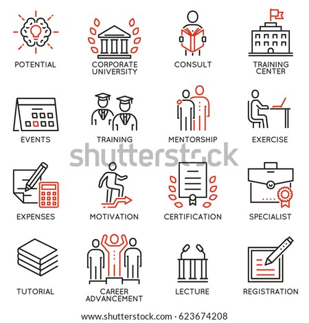Vector set icons related to career progress, corporate management, business people training and professional consulting service. Mono line pictograms and infographics design elements - part 2 Vector set icons related to career progress, corporate management, business people training and professional consulting service. Mono line pictograms and infographics design elements - part 2
