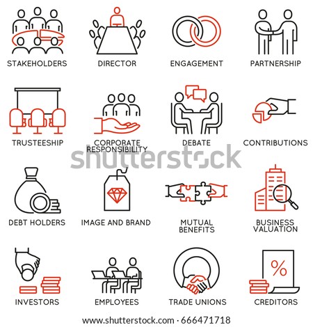 Vector set of linear icons related to business process, team work, human resource management and stakeholders. Mono line pictograms and infographics design elements Vector set of linear icons related to business process, team work, human resource management and stakeholders. Mono line pictograms and infographics design elements