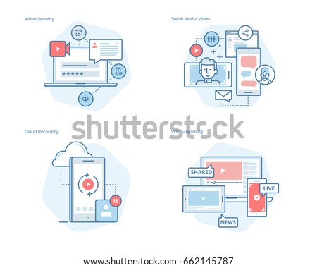 Set of concept line icons for social media video, cloud recording, VOD streaming, video security, online video streaming. UI/UX kit for web design, applications, mobile interface, print design. Set of concept line icons for social media video, cloud recording, VOD streaming, video security, online video streaming. UI/UX kit for web design, applications, mobile interface, print design.
