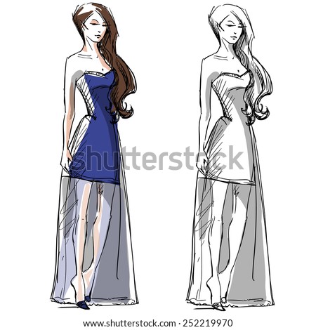 Fashion hand drawn illustration. Vector sketch. Long dress. - stock vector