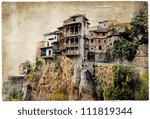 Cuenca - medieval town of Spain.Famous hanging houses - picture in painting style - stock photo