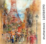 Street in Paris - illustration, oil painting - stock photo