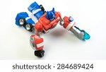 Small photo of Kuala Lumpur, Malaysia - June 6, 2015: Figure toy of Playskool Optimus Prime from the Autobots Rescue Bots cartoon. Optimus Prime is Autobots Transformers leader on Earth within Fire Station Prime