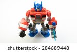 Small photo of Kuala Lumpur, Malaysia - June 6, 2015: Figure toy of Playskool Optimus Prime from the Autobots Rescue Bots cartoon. Optimus Prime is Autobots Transformers leader on Earth within Fire Station Prime