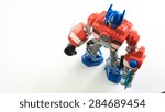 Small photo of Kuala Lumpur, Malaysia - June 6, 2015: Figure toy of Playskool Optimus Prime from the Autobots Rescue Bots cartoon. Optimus Prime is Autobots Transformers leader on Earth within Fire Station Prime