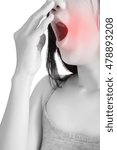 Small photo of Acute pain and sore throat symptom in a woman isolated on white background. Clipping path on white background