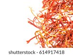 Small photo of Dry pistils of saffron isolated on white. Food background with copy space. Closeup macro shot. Top view.
