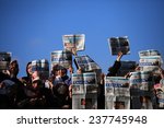 Small photo of ISTANBUL,TURKEY-DEC 14:Turkish police raid Zaman building, attempt to detain editor. A crowd of protesters forced police to turn back before they could make arrests on Dec 14, 2014 in Istanbul,Turkey.