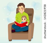 Dad reading a tale to his little son and teaching him read lessons - stock vector