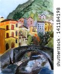 watercolor house and bridge,on paper - stock photo