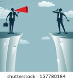 Abstract Businessmen communicating from distance. Great illustration of Businessman standing on the cliffs shouting through a loudspeaker to his colleague who is trying to hear him. - stock photo