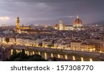 Golden sunset over Palazzo Vecchio and Cathedral of Santa Maria del Fiore (Duomo) , Florence, Italy - stock photo