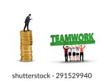 Small photo of Business leader standing on a stack of golden coins and give order on his team, isolated on white