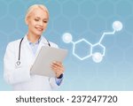 Small photo of healthcare, medicine and technology concept - smiling female doctor with tablet pc computer and molecule of serotonin over blue background