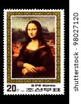 DPR KOREA - CIRCA 1986: A stamp printed in DPR Korea (North Korea) shows painting "Monna Lisa" by Leonardo da Vinci with the same inscription, from series "Paintings by Leonardo da Vinci", circa 1986 - stock photo