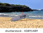 life guard surf board sits...